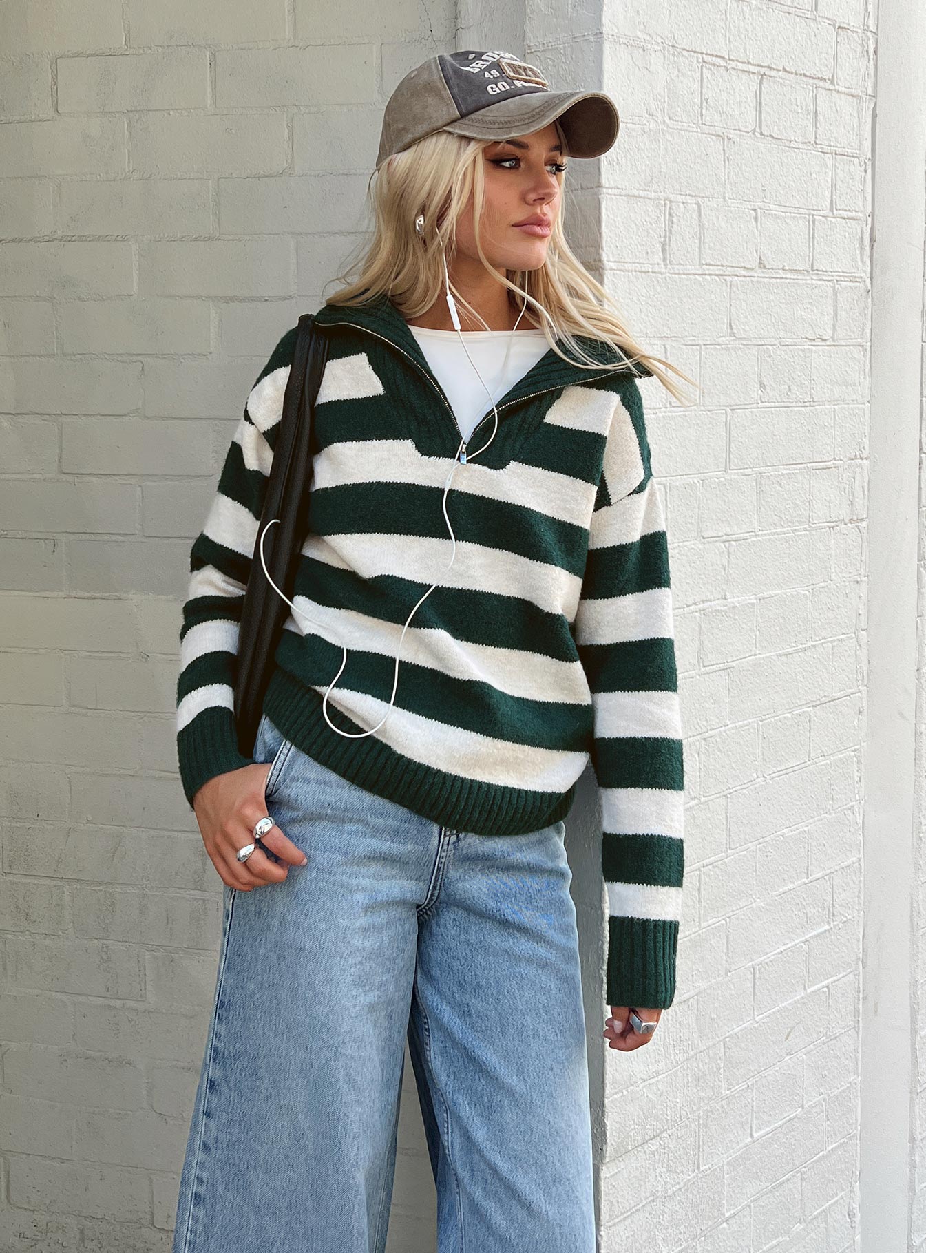 Neena quarter zip sweater green / cream