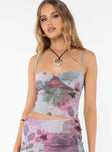 Floral print cami top, mesh material Adjustable shoulder straps Good stretch, mesh lined bust