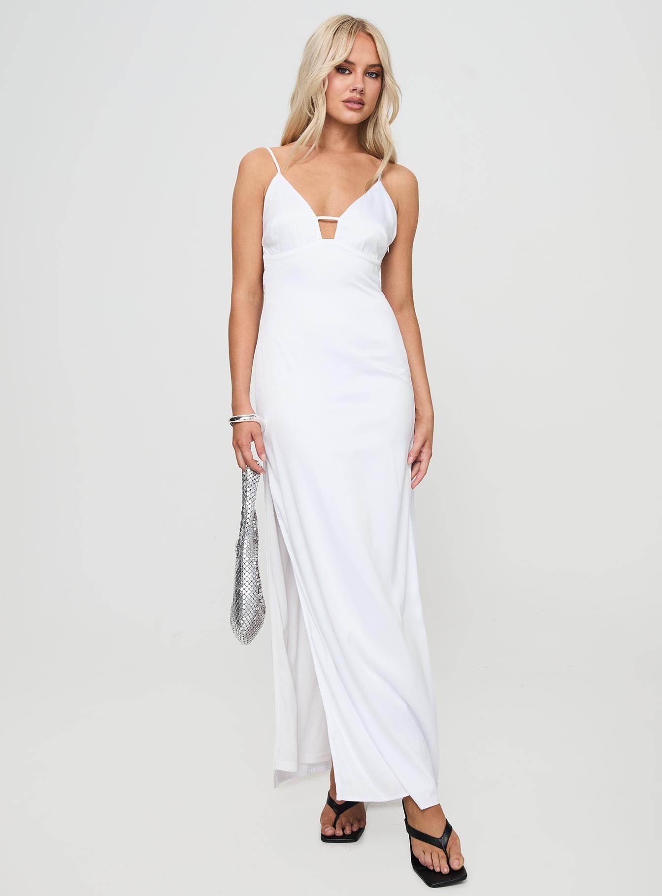 front view of model wearing Princess Polly Atheria Maxi Dress White Plunger 