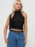 front view of model wearing Princess Polly Zephria Sheer Halter Top Black Sleeveless High Neck 