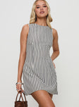 side view of model wearing Princess Polly Alfalfa Shift Mini Dress Grey Stripe Crew Neck 