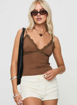 front view of model wearing Princess Polly Biline Top Brown Sleeveless V-Neck 