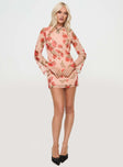 front view of model wearing Princess Polly Florinda Long Sleeve Mini Dress Pink Floral High Neck 