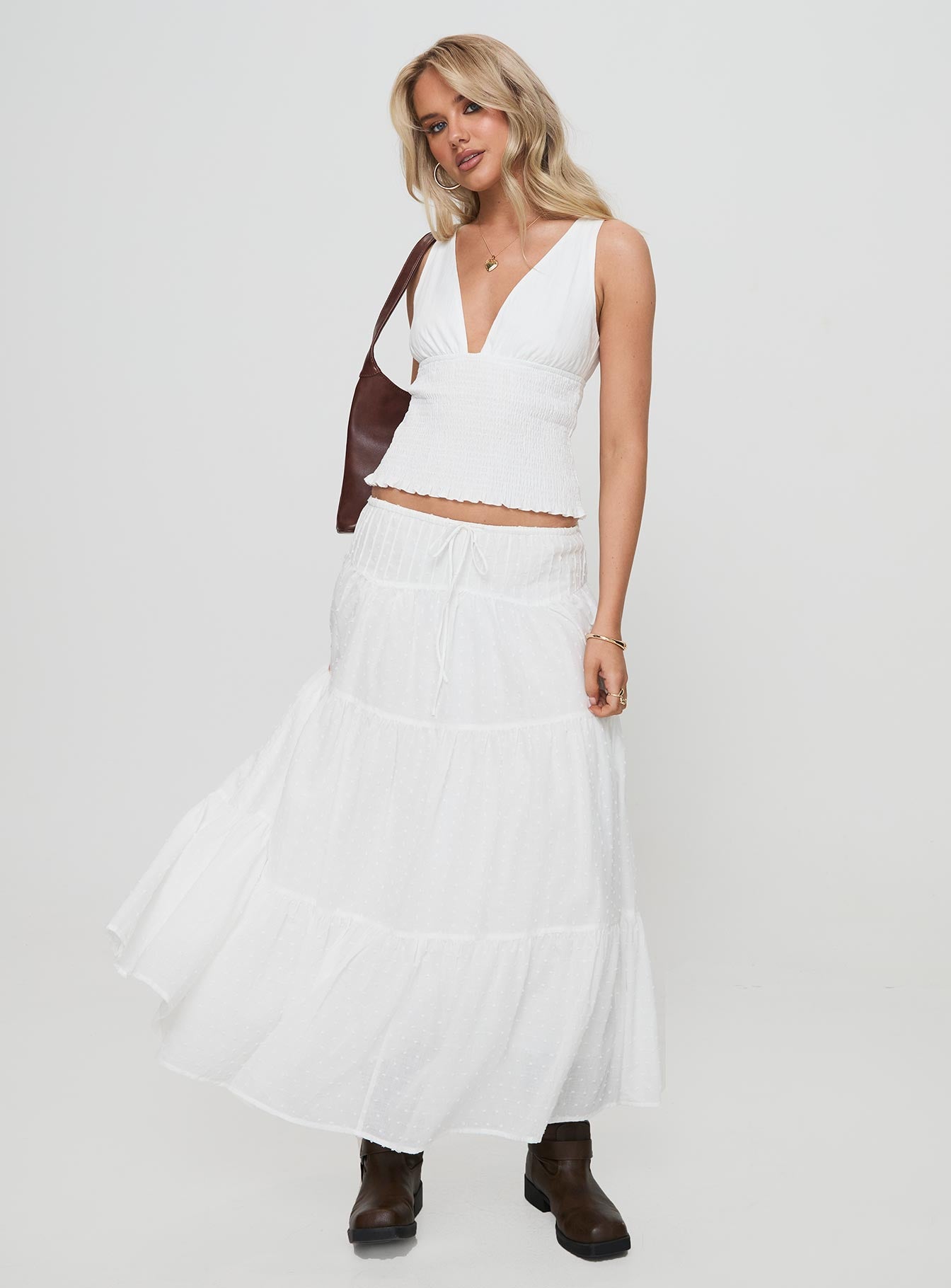   front view of model wearing Princess Polly Cherry On Top Maxi Skirt White Maxi 