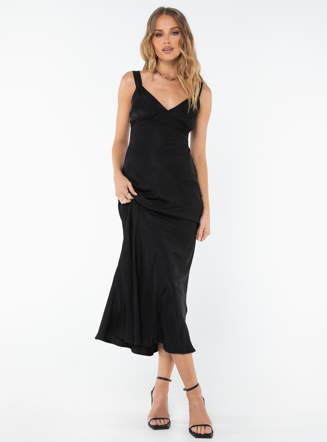 Front view of model wearing  front Princess Polly High Neck  Marysia Maxi Dress Black