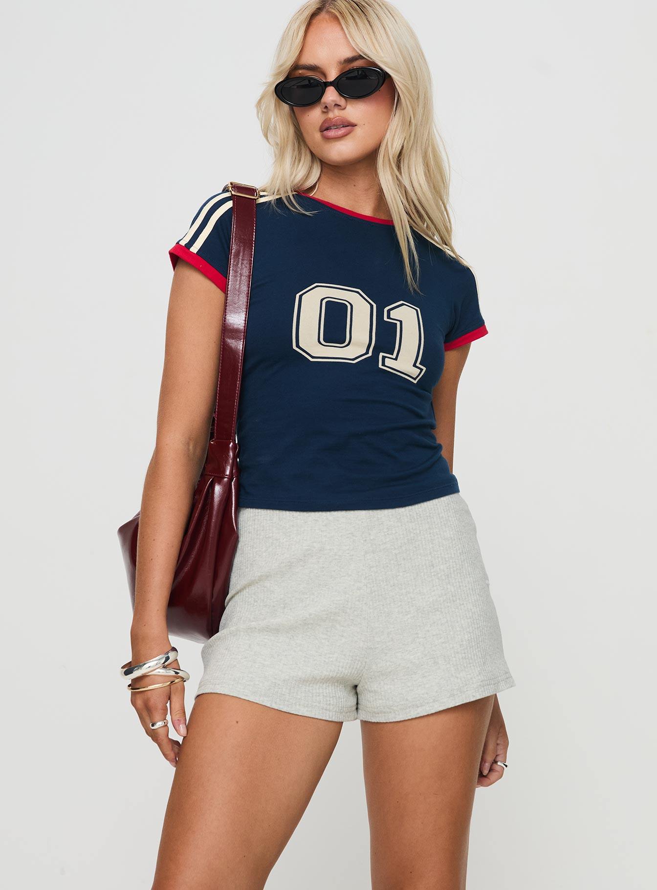 front view of model wearing Princess Polly Alanasia Rib Shorts Grey High Waisted Shorts 