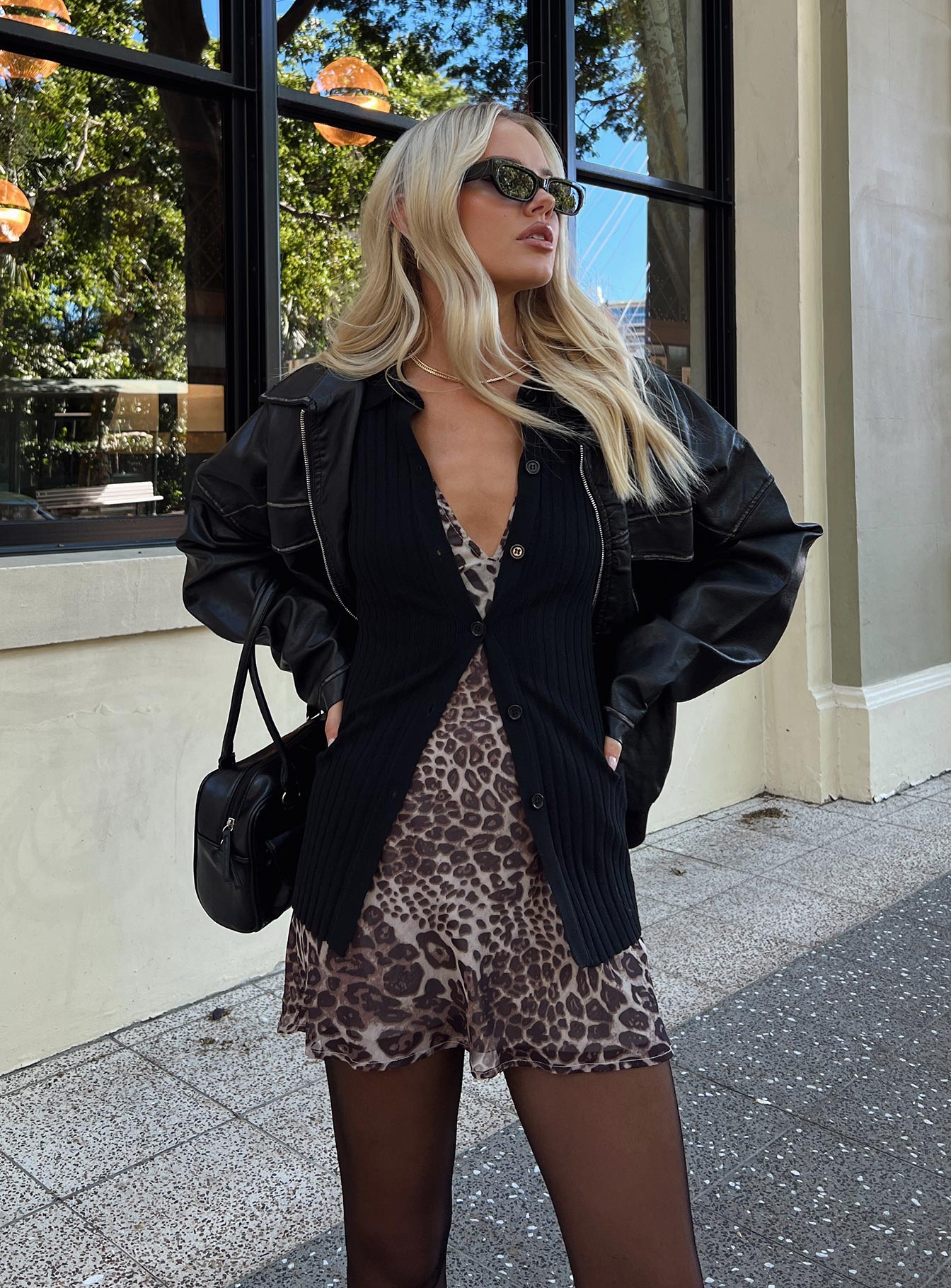 front view of model wearing Princess Polly Anneke Collared Cardigan Black Long 