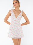 Floral print mini dress Tie shoulder straps, plunging neckline, gathered detail at bust, invisible zip fastening at side