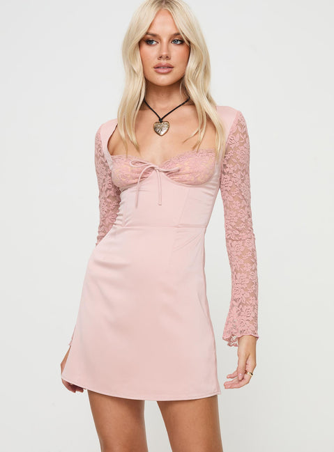 front view of model wearing Princess Polly Markwell Long Sleeve Mini Dress Pink Sweetheart Neckline 