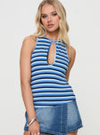 side view of model wearing Princess Polly Kingsbridge Top Blue Stripe Sleeveless Crew Neck 