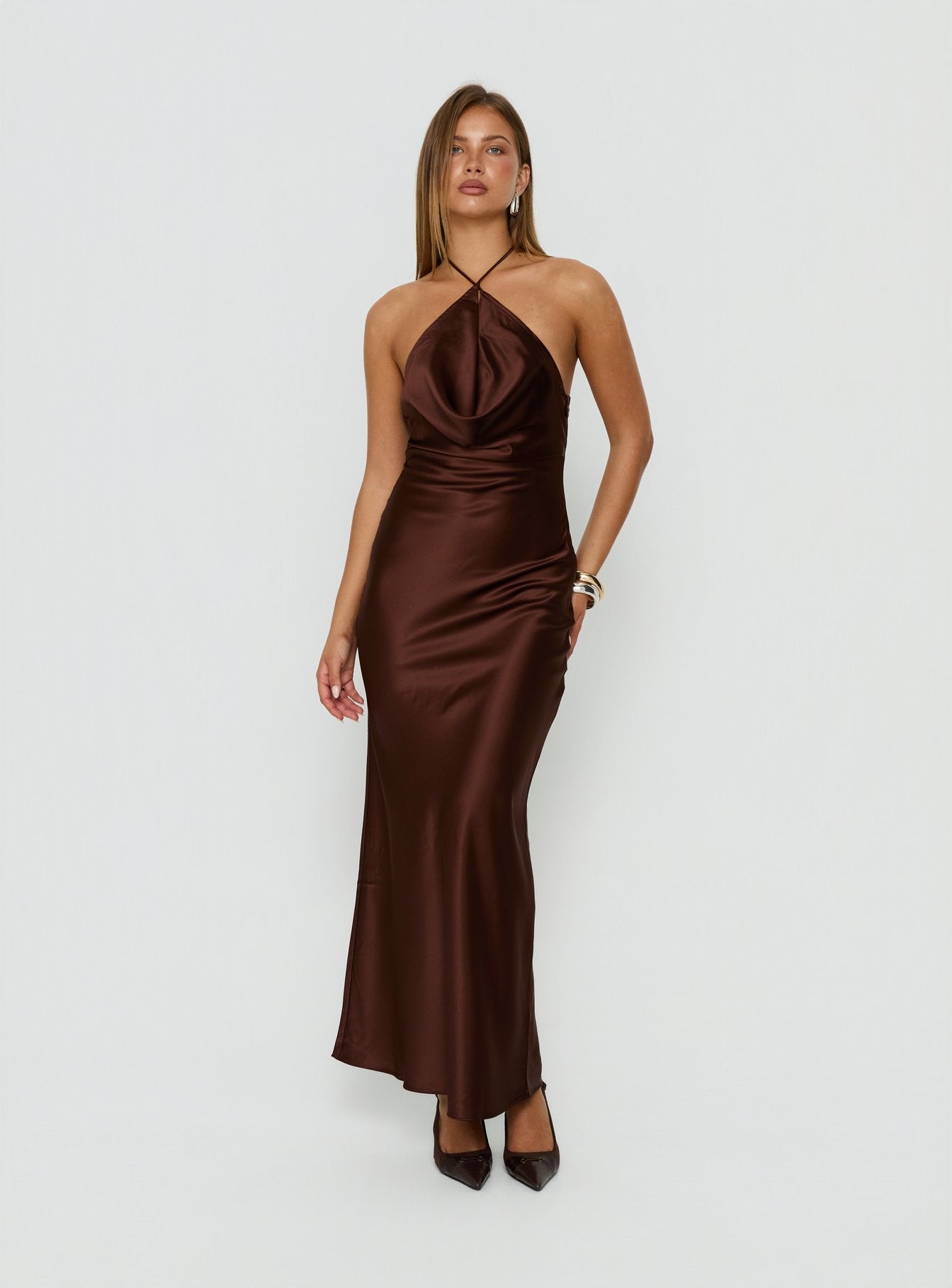 brown satin maxi dress Yazmeina Halter Keyhole Maxi Dress Brown