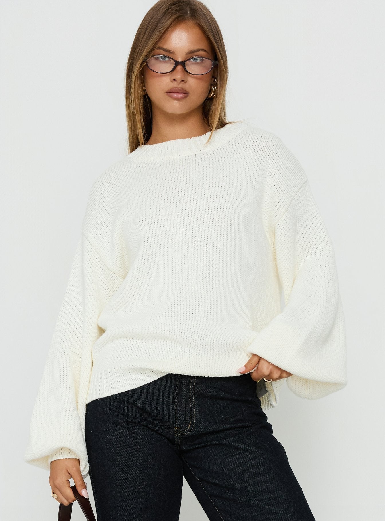 Harmony Balloon Sleeve Knit Sweater White | Princess Polly