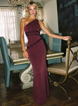 front view of model wearing Princess Polly Ultraviolet One Shoulder Lace Maxi Dress Wine Asymmetric Neckline 