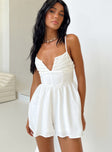 Romper Adjustable shoulder straps Plunging neckline Pleated bust Invisible zip fastening at back Ruching at waist