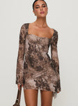 front view of model wearing Princess Polly Suareza Long Sleeve Mini Dress Leopard Sweetheart Neckline 