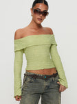 front view of model wearing Princess Polly Back With Love Off Shoulder Long Sleeve Top Green Full Sleeves straight 