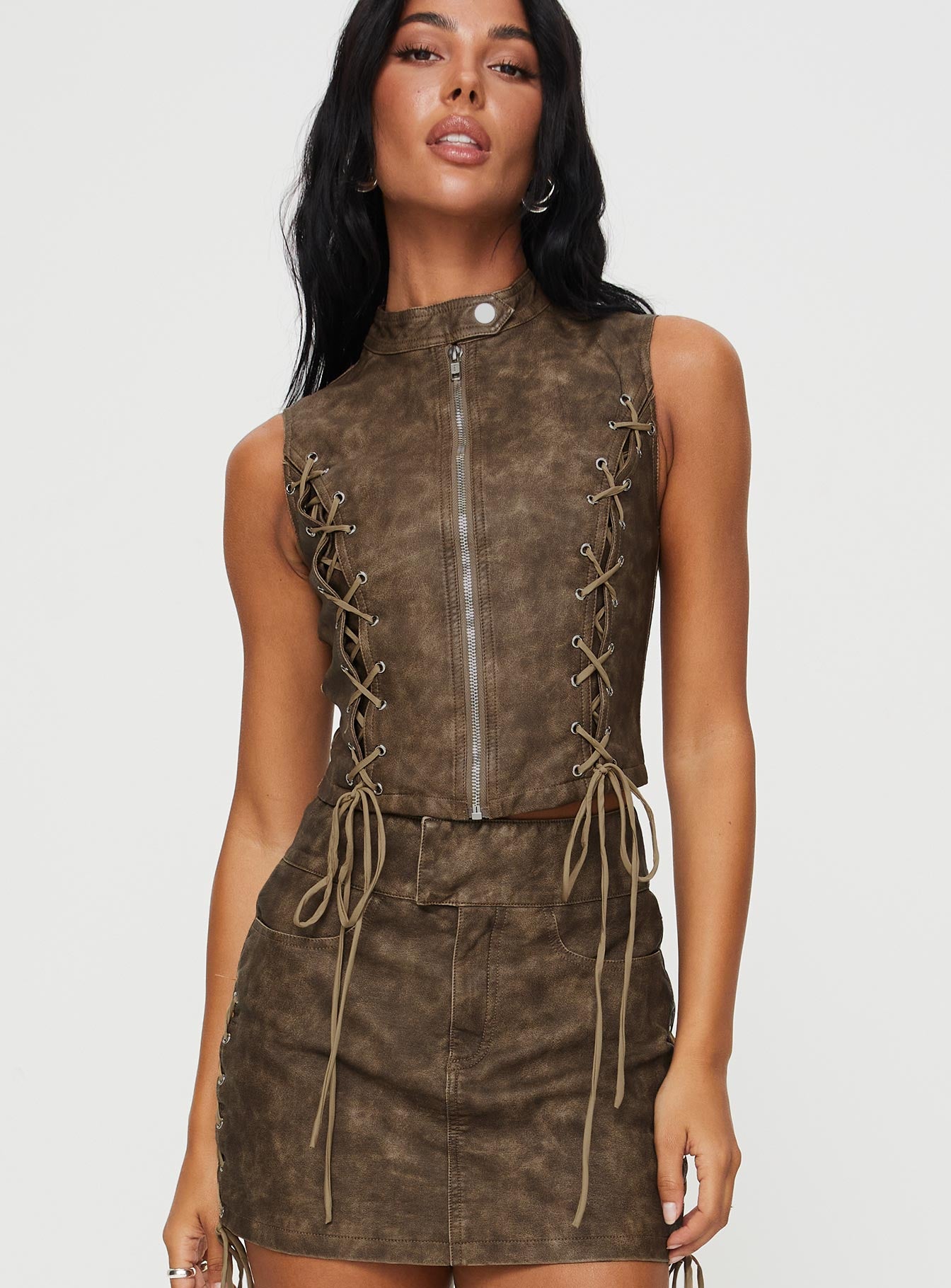 Ceejay faux leather top brown