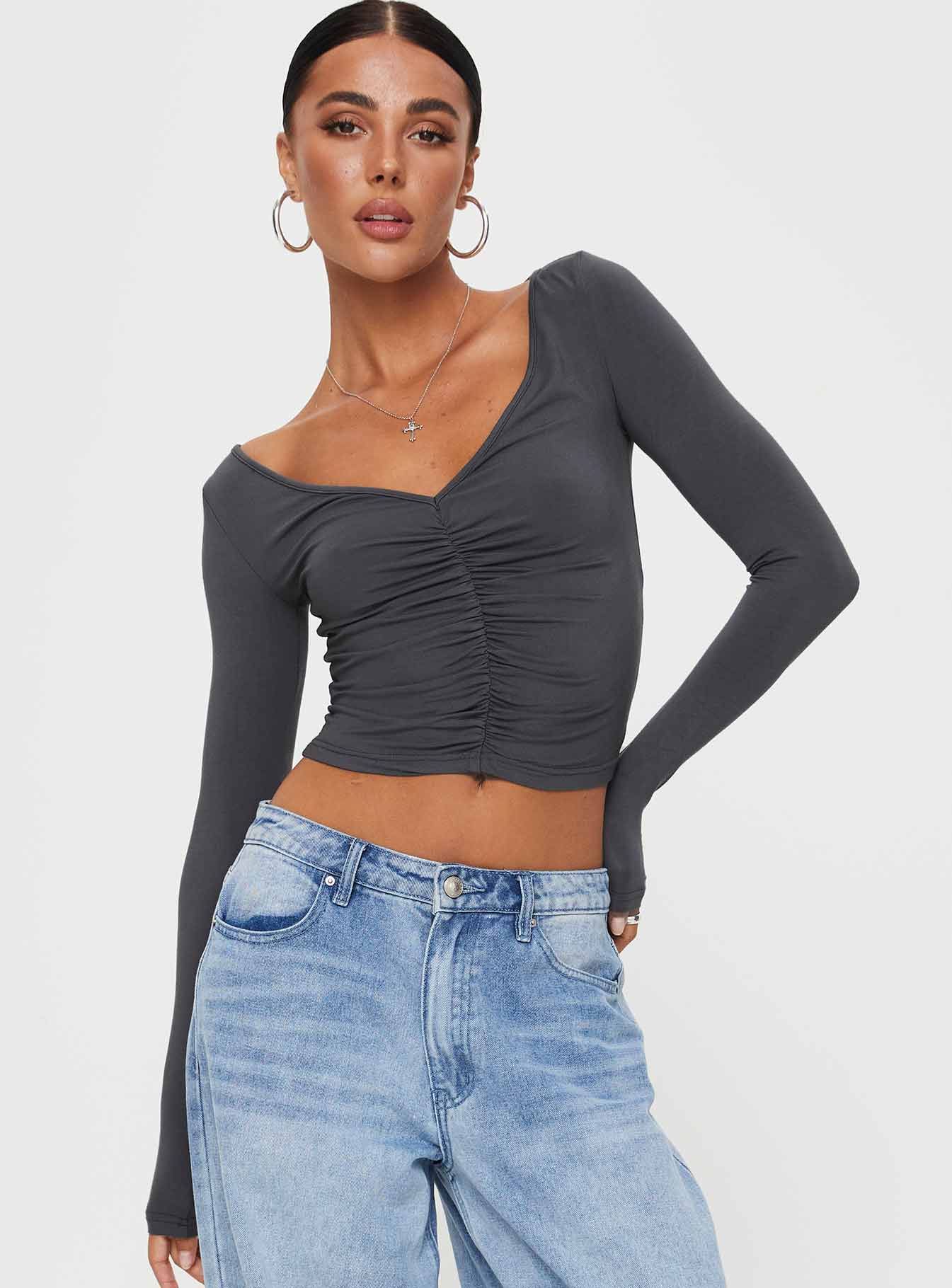 product Princess Polly Full Sleeves V-Neck  Moylan Long Sleeve Top Grey