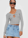 Front view of model wearing  front Princess Polly Full Sleeves Square Neck  Morelli Long Sleeve Top Grey