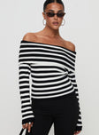 side view of model wearing Princess Polly Danyel Off The Shoulder Sweater Black / White Stripe Long 