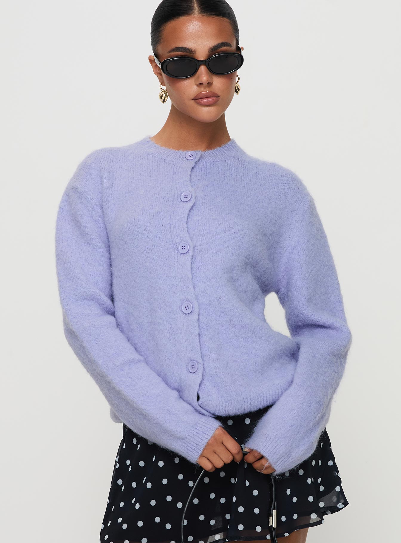 front view of model wearing Princess Polly Alyse Mohair Cardigan Lilac Long 
