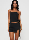 Black Matching two piece set Halter neck crop top with tie fastening, ruching at side, rose and ruffle detail