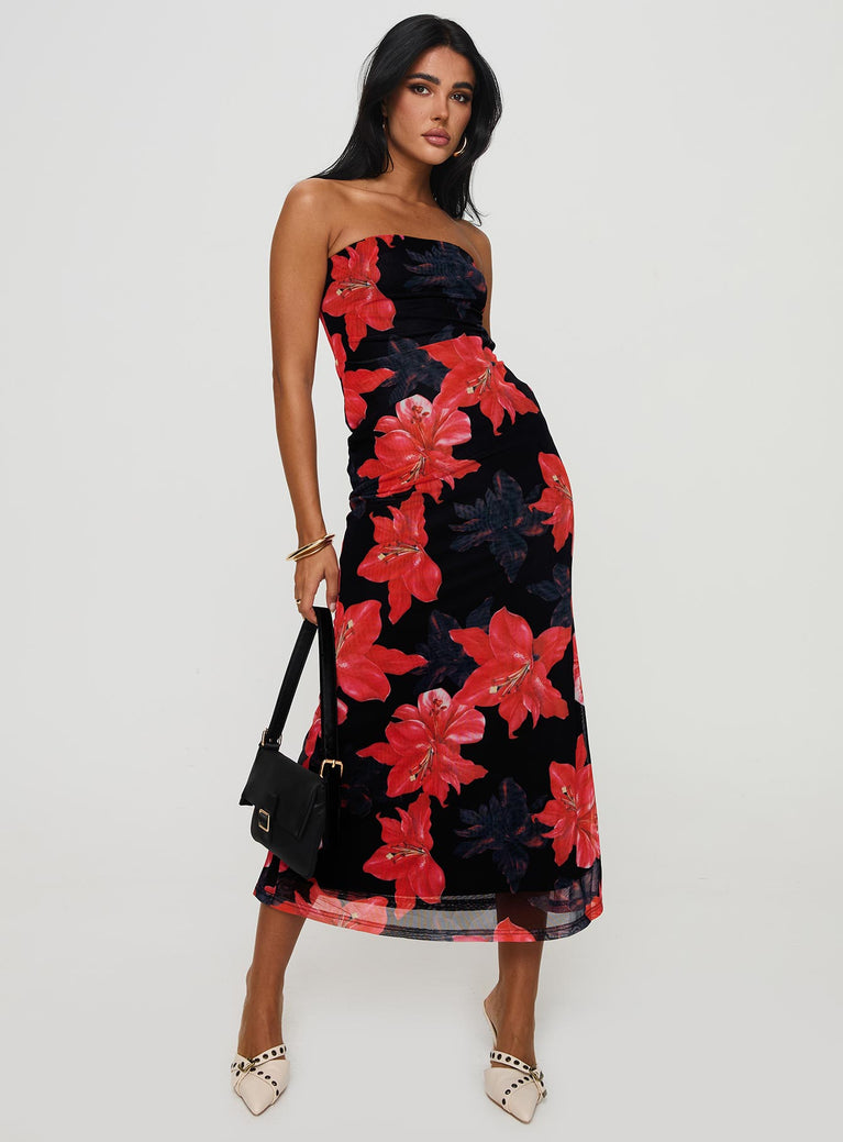 front view of model wearing Princess Polly Celik Strapless Maxi Dress Black / Floral Straight Neck 