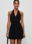 front view of model wearing Princess Polly Emanuela Halter Mini Dress Black V-Neck 