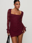 front view of model wearing Princess Polly Lucianna Long Sleeve Lace Mini Dress Burgundy Square Neck 