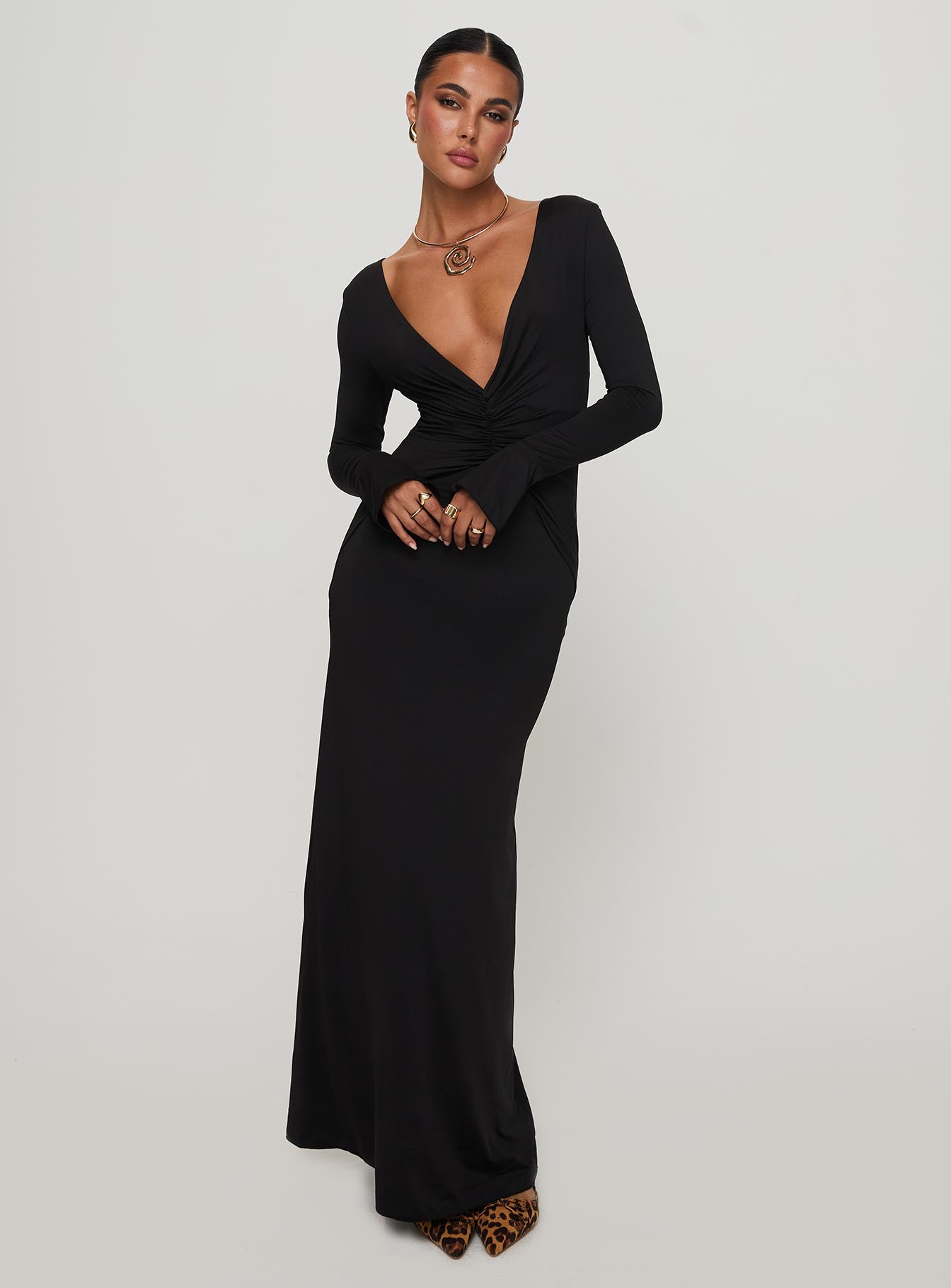 Lezure Plunge Long Sleeve Maxi Dress Black | Princess Polly