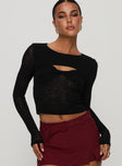 front view of model wearing Princess Polly Sandrine Twist Long Sleeve Top Black Full Sleeves Crew Neck 