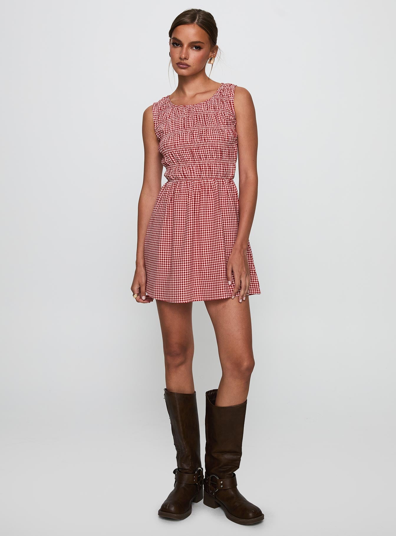 Winxie Shirred Mini Dress Red Gingham Winxie Shirred Mini Dress Red Gingham