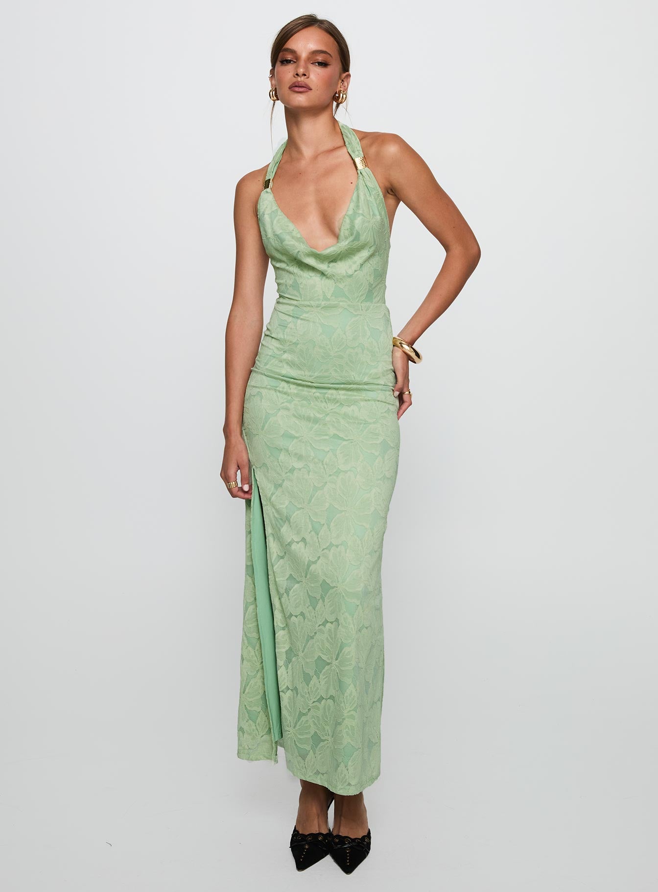 front view of model wearing Princess Polly Starfall Halter Maxi Dress Sage Cowl Neck 