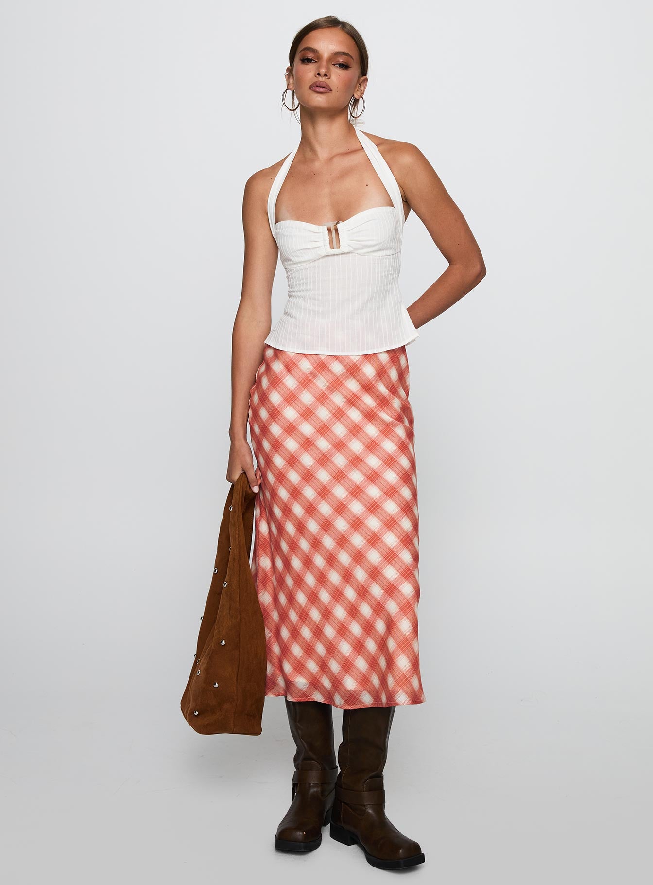   front view of model wearing Princess Polly Living Color Maxi Skirt Orange Gingham Midi Skirts 