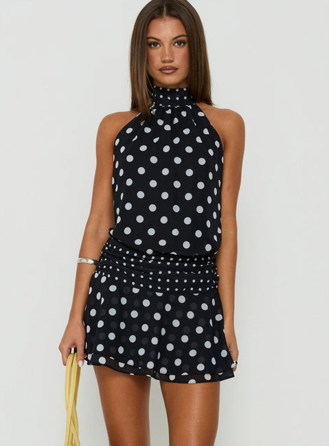 Pure Attraction High Neck Playsuit Black Polka Dot