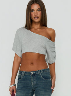 Miskie Draped Off Shoulder Micro Crop Top Grey