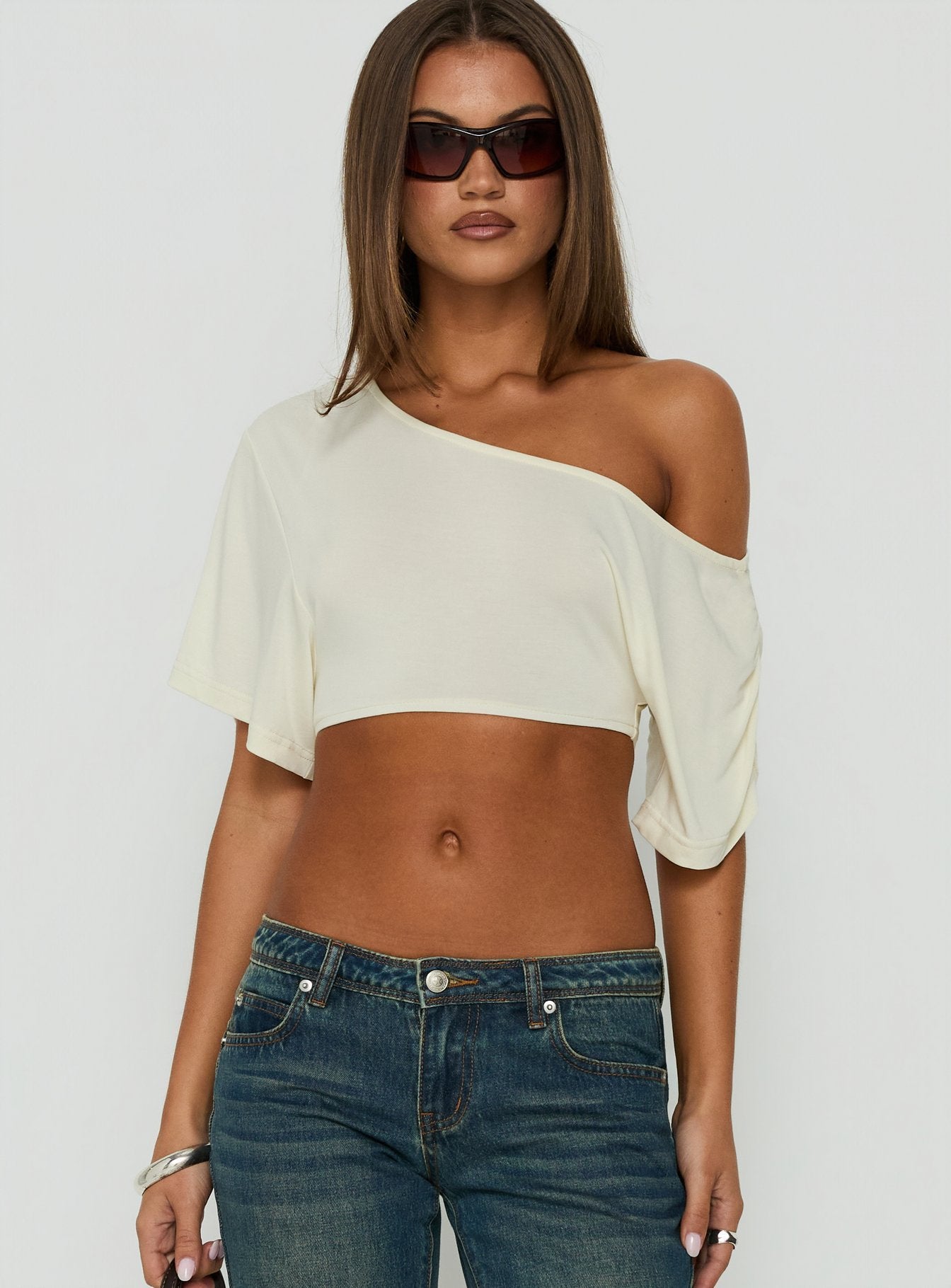 Miskie Draped Off Shoulder Micro Crop Top Butter Yellow