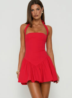 Esatora Halter Flare Mini Dress Red