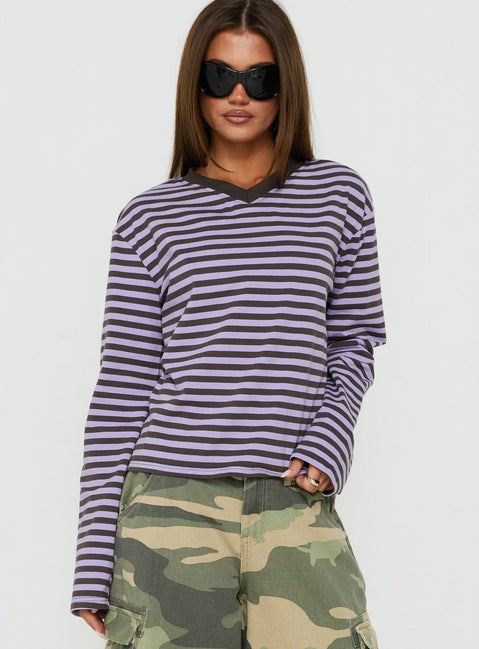 Viollette V Neck Long Sleeve Top Purple Stripe