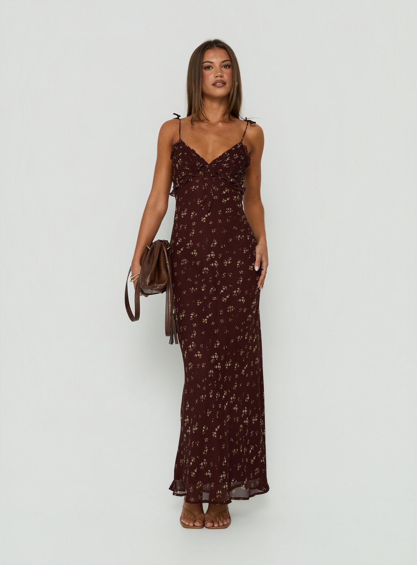 Morcar Frill V Neck Maxi Dress Brown / Yellow Floral