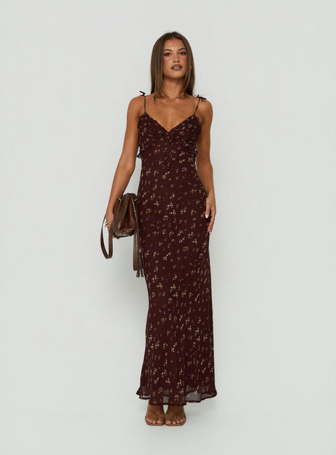 Morcar Frill V Neck Maxi Dress Brown / Yellow Floral