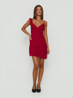 Our Love Frill Detail Mini Dress Red Polka Dot