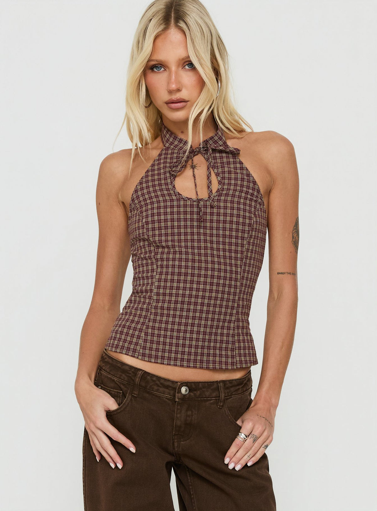 Noellah Keyhole Halter Top Multi Check