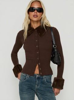 Chiqueeta Faux Fur Trim Knit Cardigan Chocolate
