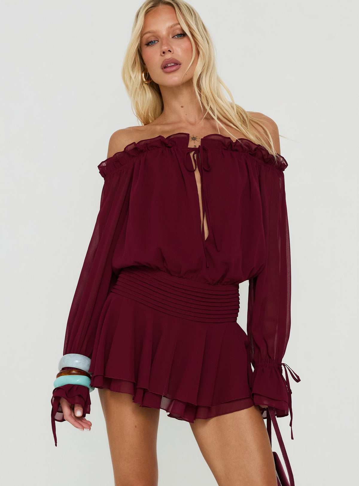 Felicita Off Shoulder Long Sleeve Chiffon Mini Dress Cherry