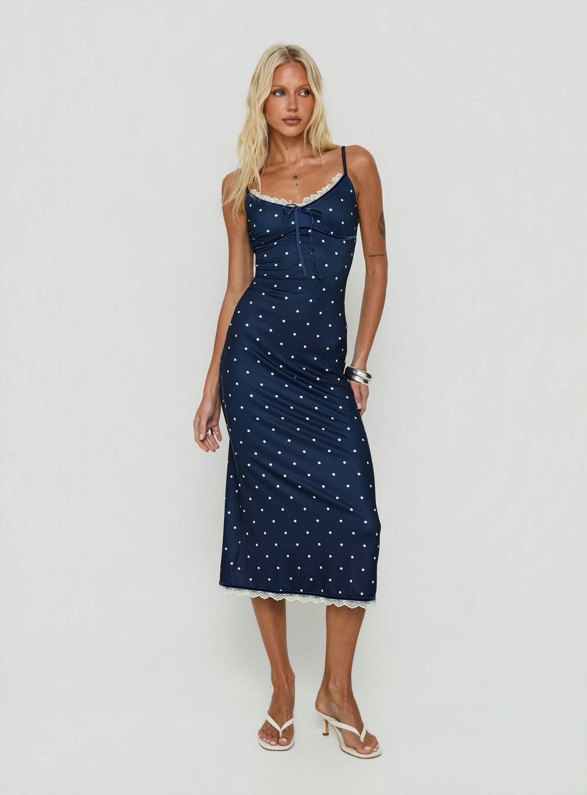 Delaney V Neck Frill Midi Dress Navy / White Polka