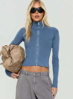 Kovah Zip Through Funnel Neck Knit Sweater Blue