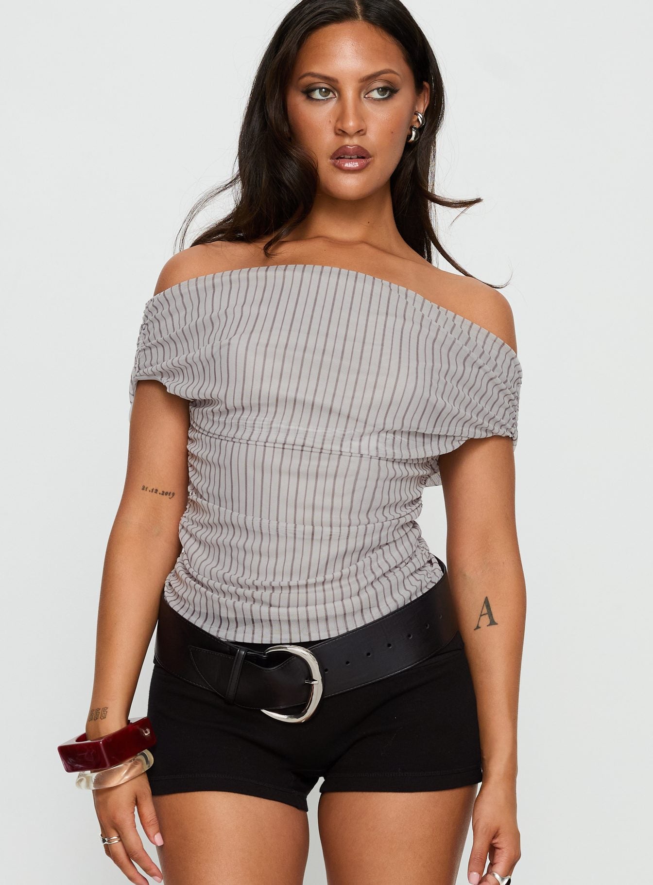 Hailley Off Shoulder Top Stripe | Princess Polly