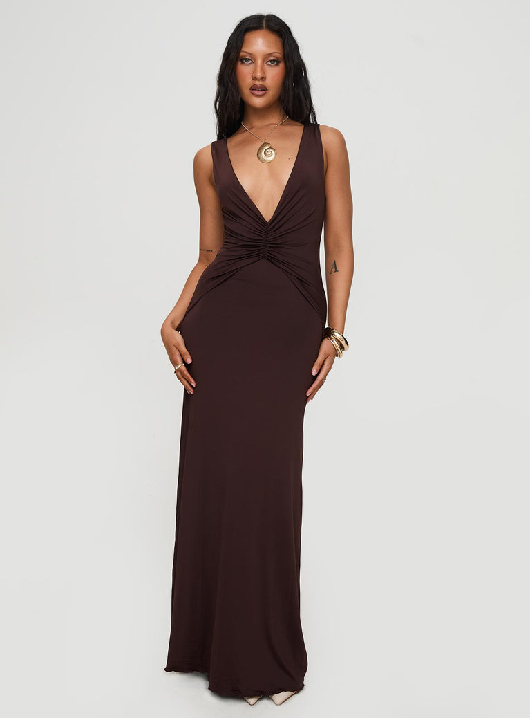 front view of model wearing Princess Polly Frederica Plunge Maxi Dress Chocolate Petite Plunger 