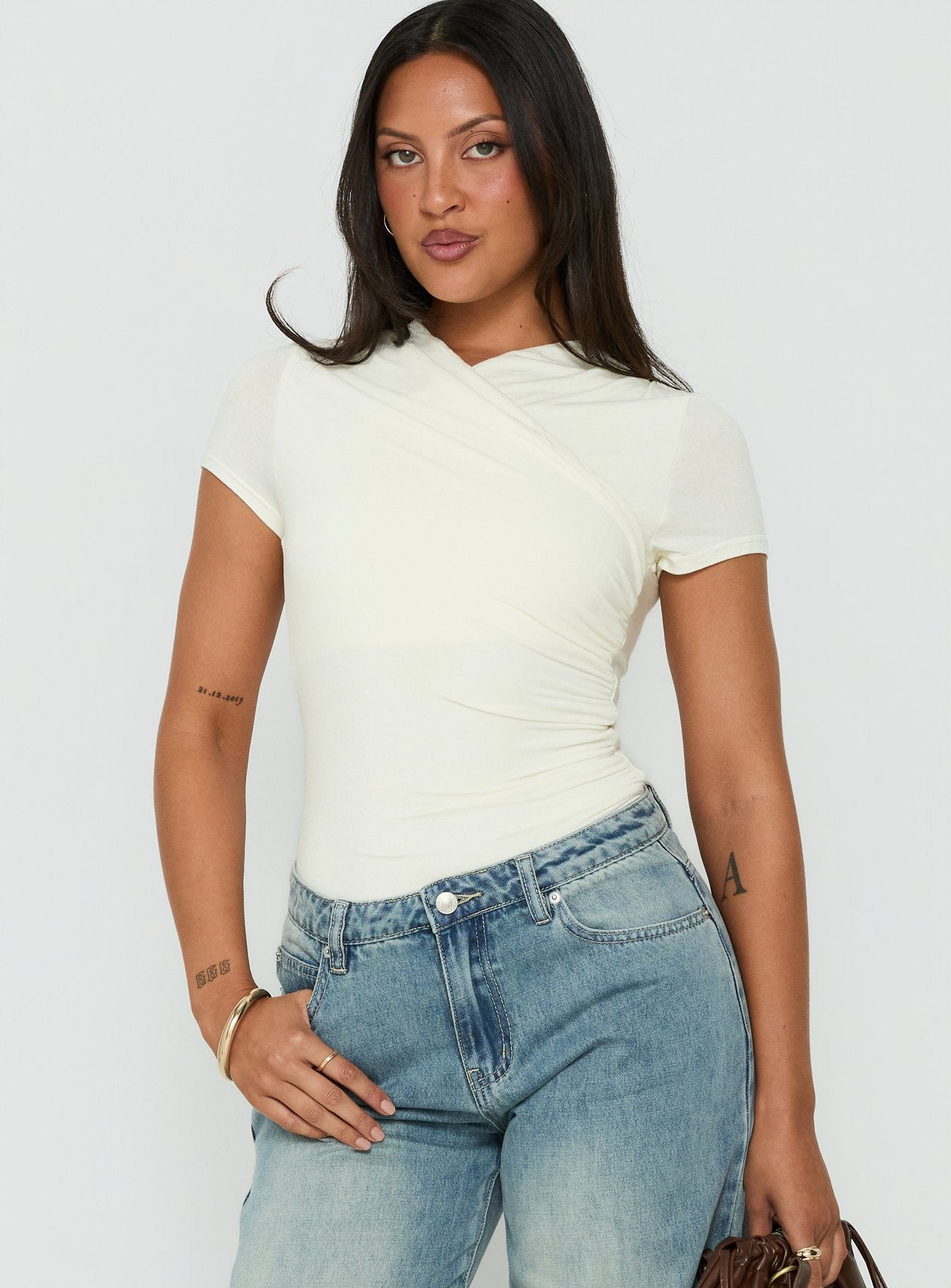 Odettea Cross Front Short Sleeve Bodysuit Cream